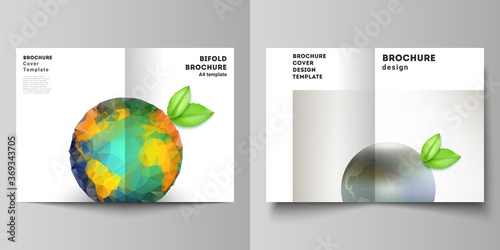 Vector layout of two A4 format cover mockups design templates for bifold brochure, flyer, cover design, book design, brochure cover. Save Earth planet concept. Sustainable development global concept.