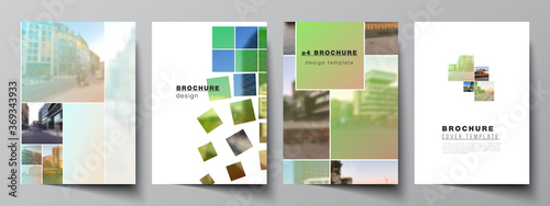 Vector layout of A4 cover mockups design templates for brochure, flyer layout, booklet, cover design, book design, brochure cover. Abstract project with clipping mask green squares for your photo.