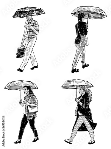 Sketches casual citizens walking down street under umbrellas in rainy weather