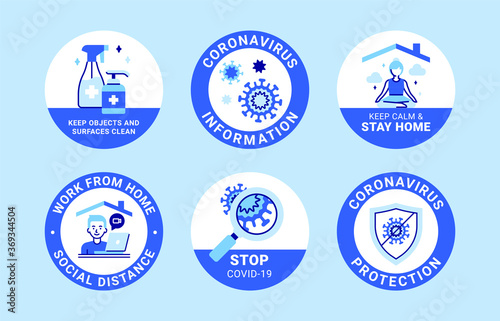 COVID-19 labels. Modern signs about protection, social distancing, wearing face covering, washing hands, using sanitizer, keeping surfaces clean, working from home and stop coronavirus