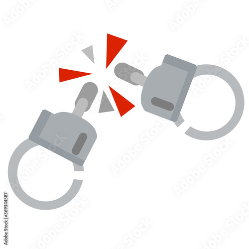 Handcuff. Icon of arrest of offender. Element of police and prisons. Restriction of freedom and release. Broken Shackles for hand. Damaged chain.