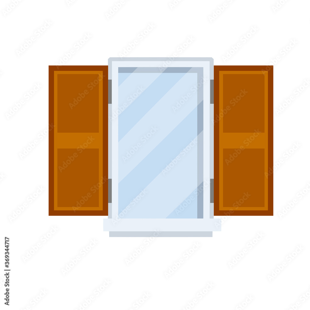Window with open wooden sashes. Glass and white frame. Element of facade of house and building. Cartoon flat illustration Window with open wooden sashes. Glass and white frame. Element of facade of house and building. Cartoon flat illustration