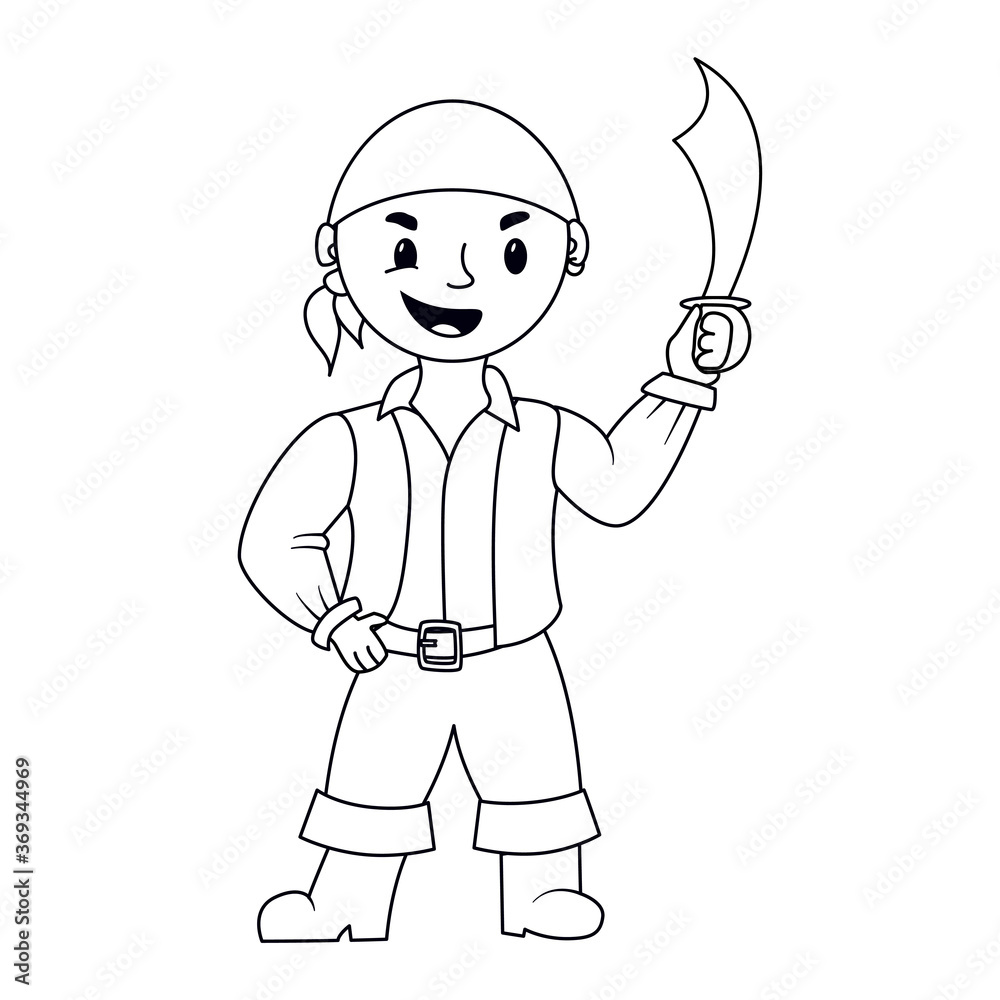 Coloring page outline little Pirate kid with saber. Vector illustration isolated on white background