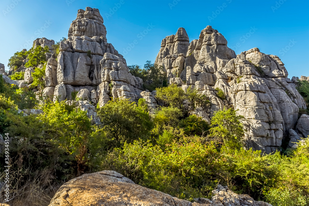A close-up view of weathered limestone stacks in the Karst landscape of El Torcal near to Antequera, Spain in the summertime