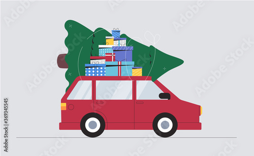 Concept of Christmas and happy new year. Car with a Christmas tree and gift colored boxes. Flat style vector illustration.