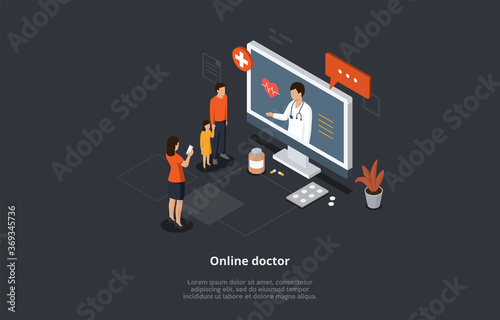 Health Care Isometric Concept, Online Doctor And Medical Consultation. Family At Doctor s Appointment. Online Medical Support With Woman Doctor Consulting On Computer Screen. 3D Vector Illustration