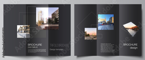 Vector layouts of covers design templates with geometric simple shapes, lines and photo place for trifold brochure, flyer layout, magazine, book design, brochure cover, advertising mockups.
