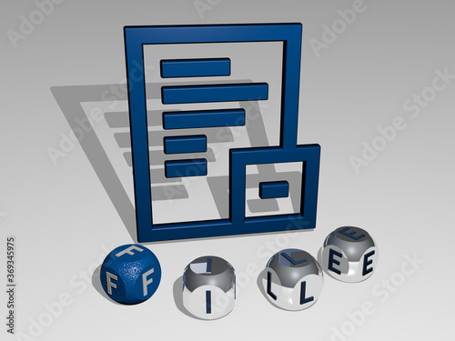 3D representation of FILE with icon on the wall and text arranged by metallic cubic letters on a mirror floor for concept meaning and slideshow presentation. illustration and background