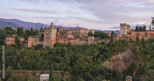 Alhambra palace on top of the hill 4K timelapse, Granada, Andalucia, Spain