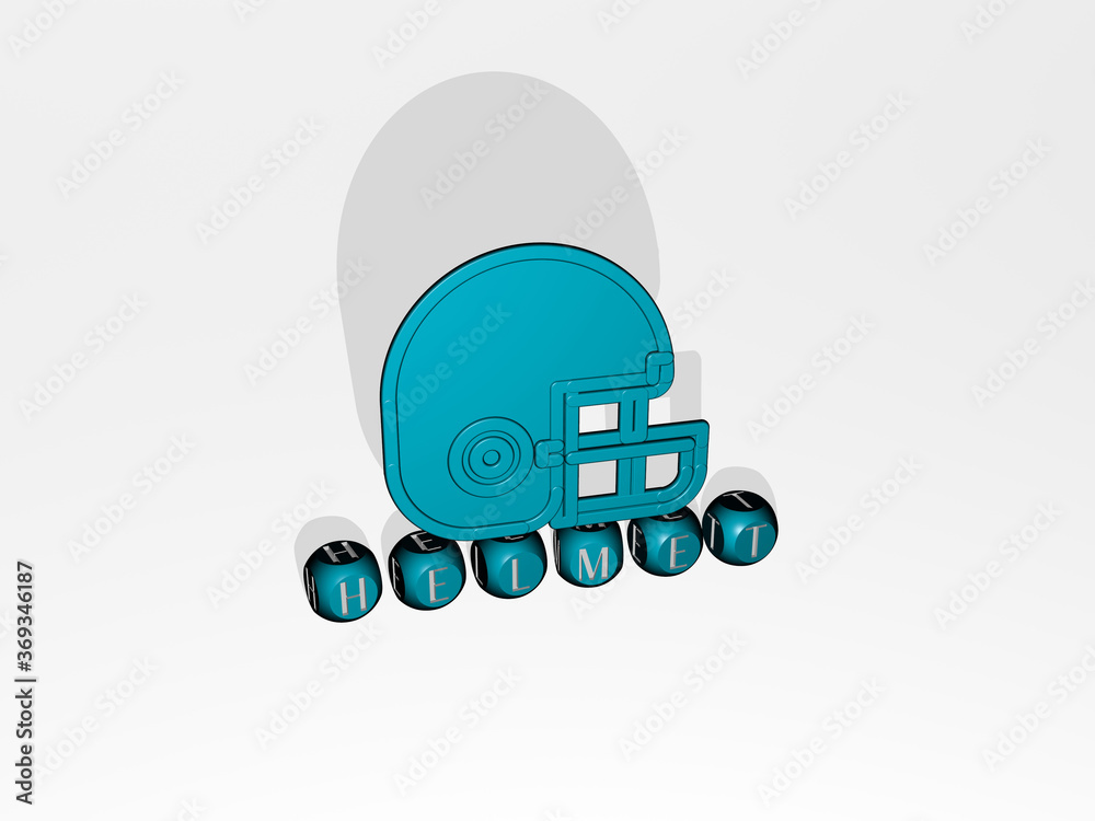 Fototapeta premium 3D representation of helmet with icon on the wall and text arranged by metallic cubic letters on a mirror floor for concept meaning and slideshow presentation. illustration and background