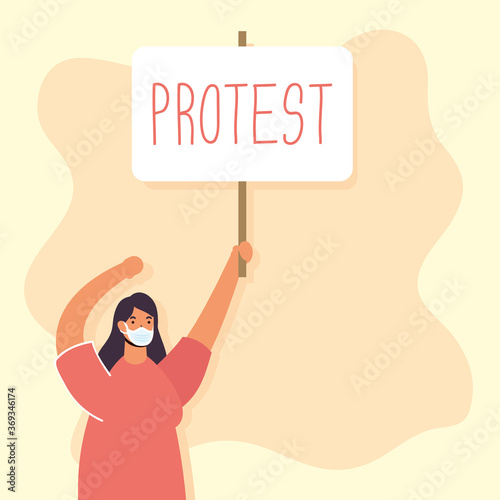 woman wearing medical mask protesting with placard