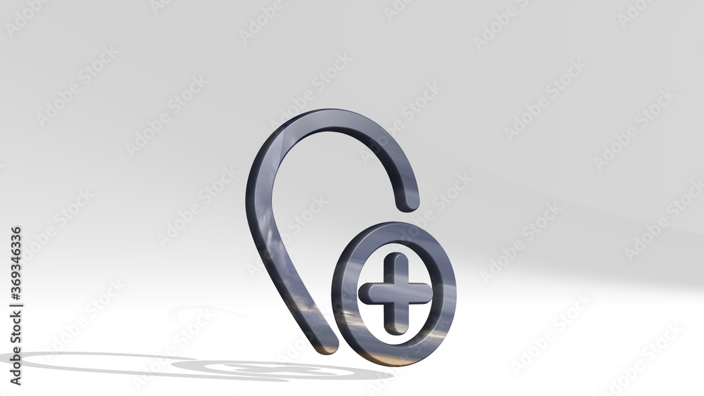 Obraz premium pin add casting shadow from a perspective. A thick sculpture made of metallic materials of 3D rendering. illustration and icon