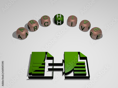 3D representation of archive with icon on the wall and text arranged by metallic cubic letters on a mirror floor for concept meaning and slideshow presentation. illustration and business photo