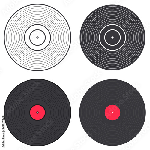 Collection of vinyl records. Icon set in different styles.