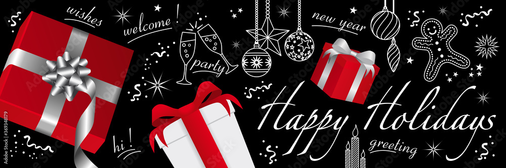 2021 - Bannière pour souhaiter de joyeuses fêtes avec des cadeaux rouges et blancs et divers objets au  trait blanc sur un fond de tableau noir.