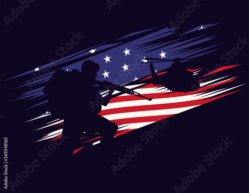 soldier with rifle and helicopter silhouette in usa flag background