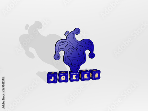 3D illustration of JOKER graphics and text made by metallic dice letters for the related meanings of the concept and presentations. clown and cartoon photo