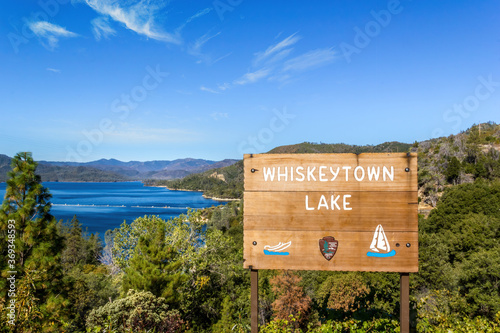 Recreational area, Whiskeytown lake in California  with sign photo