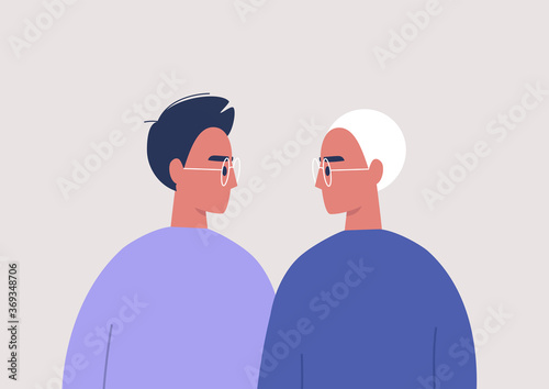 Young characters looking at each other, relationships and feelings, a homosexual couple