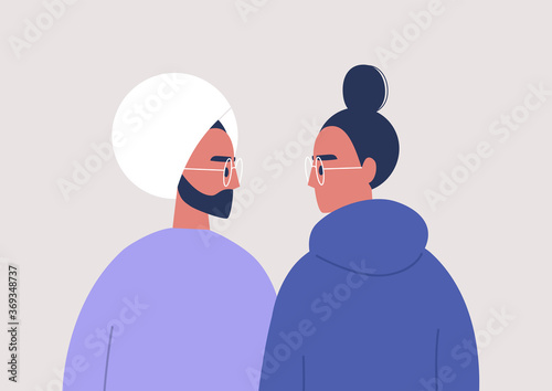 Young characters looking at each other, relationships and feelings