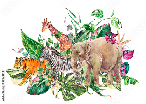 Tropical watercolor giraffe, elephant. Greenery zebra and tiger illustration
