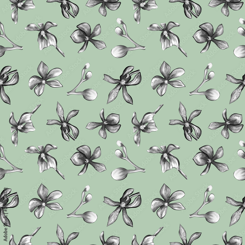 seamless Botanical pattern of an Orchid on a green background. Beautiful Botanical illustration of orchids seamless Botanical pattern of an Orchid on a green background. Beautiful Botanical illustration of orchids