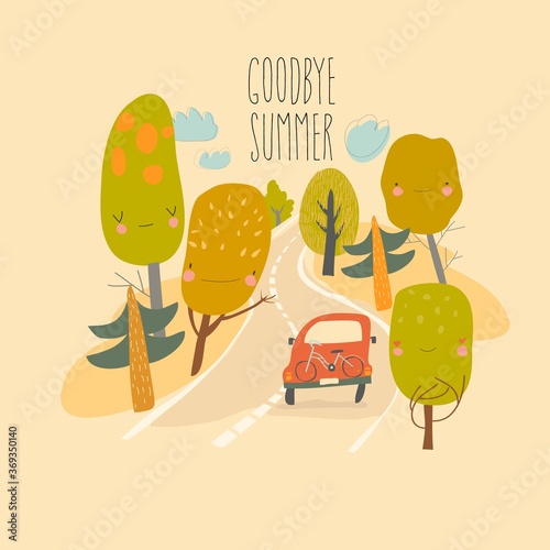 Car is driving on the road through summer forest
