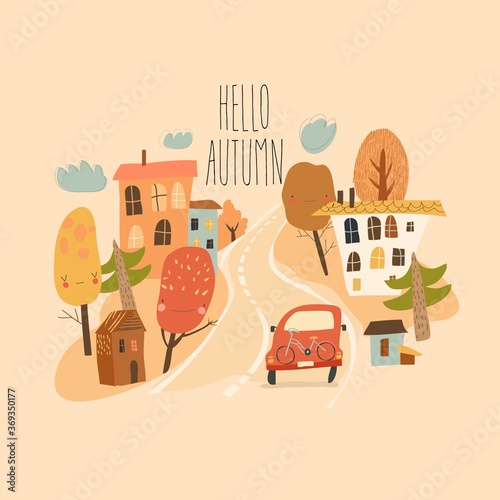 Car is driving on the road through small town