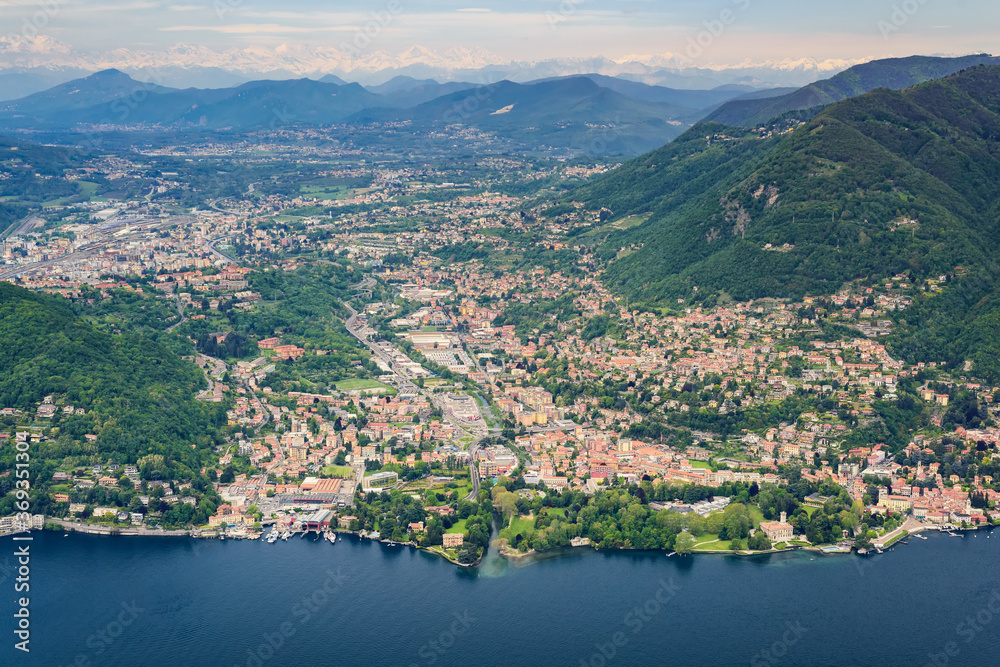 View of Lake Como and the city of Cernobbio from the public point of view in Brunate village.