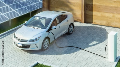 Modern electric car charging at home 3D animation