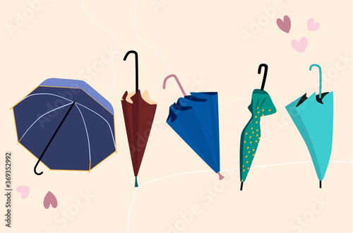 Set of five open and closed trendy umbrellas in different position. Autumn fashion sale and rainy protection.Multi colored accessories.Vector illustration in scandinavian style for shop or boutique