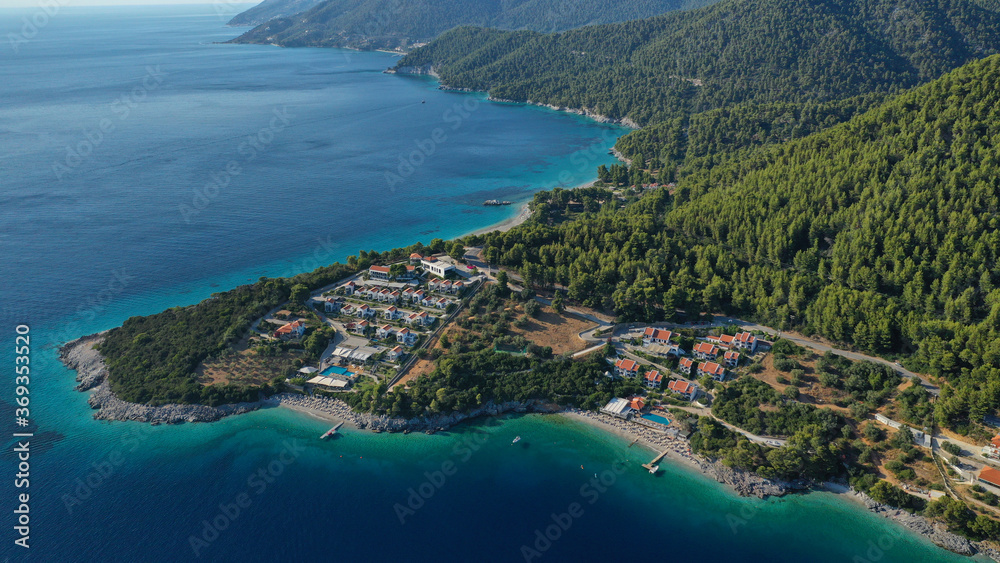 Aerial drone photo of beautiful tranquil turquoise beach of Antrines near famous Panormos beach, Skopelos island, Sporades, Greece