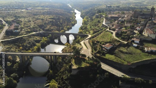 Bridge in Ledesma. Beautiful village of Salamanca,Spain. Aerial Drone Footage photo