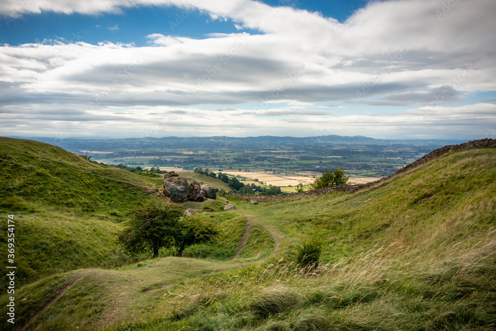 View of the Malvern Hills and Evesham plain from Bredon Hill, Worcestershire England UK