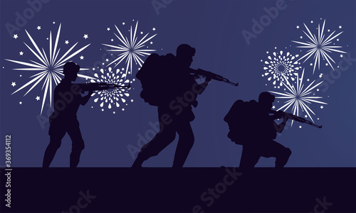 soldiers figures silhouettes and fireworks scene