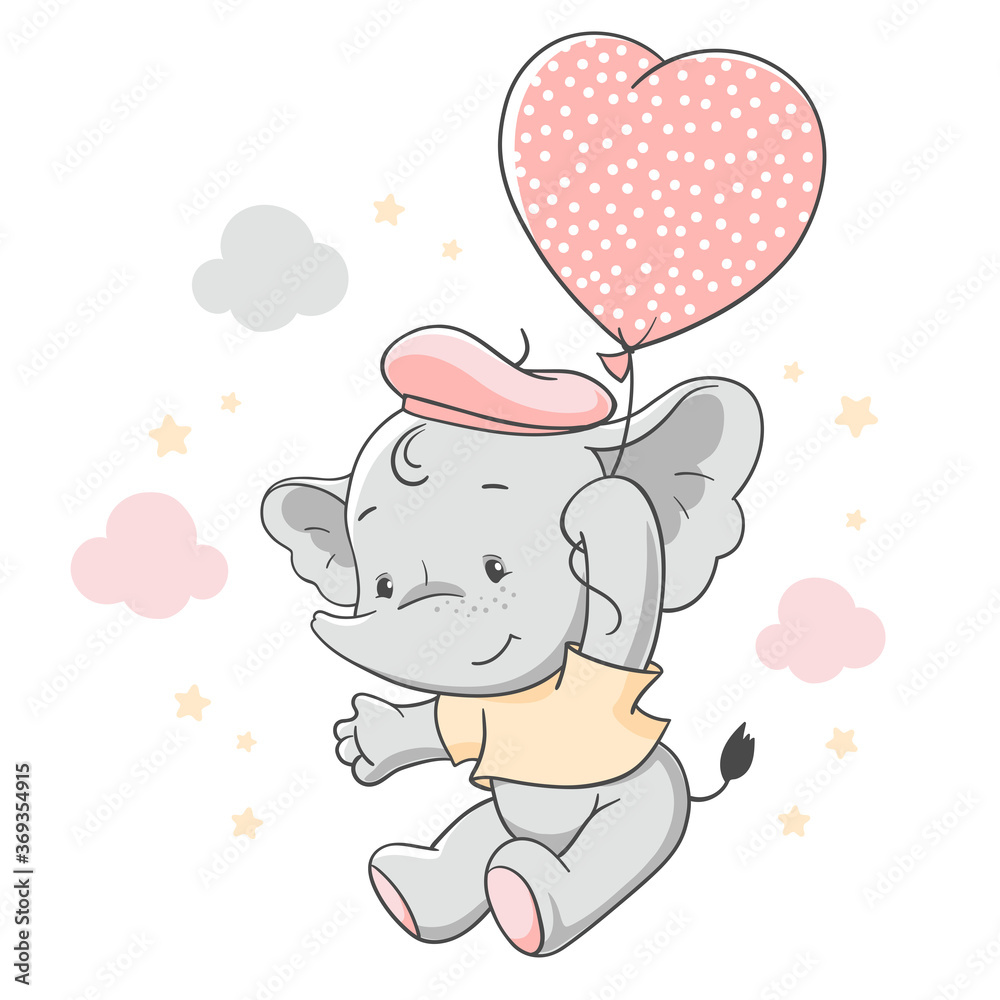Vector hand drawn illustration of a cute baby elephant floating with a pink balloon. - obrazy, fototapety, plakaty 