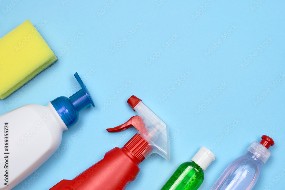 Personal hygiene and cleaning products on the blue background Personal hygiene and cleaning products on the blue background