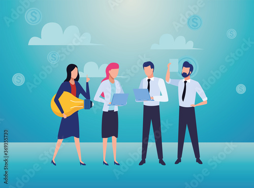group of business people teamwork with bulb and documents characters
