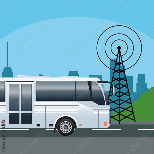 white bus public transport vehicle with telecommunications antenna