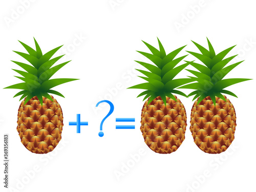 Educational game for children, illustration of mathematical addition, examples with pineapples.
