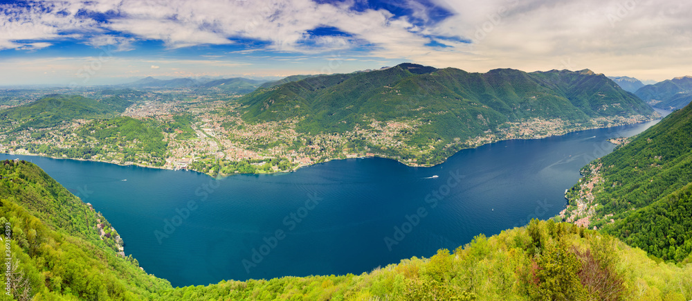 Wide panoramic view of Lake Como and the coastal towns.Italy
