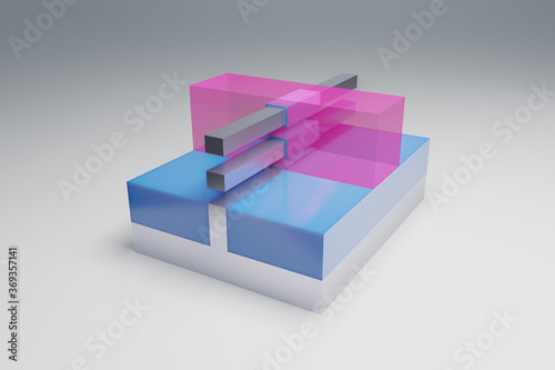 GAAFET (GAA FET, nano wire, nanowire) transistor 3D render model. This transistor used in semiconductor chips and integrated circuits at nano scale. Gate (pink) , Insulator (blue), Substrate (silver). photo