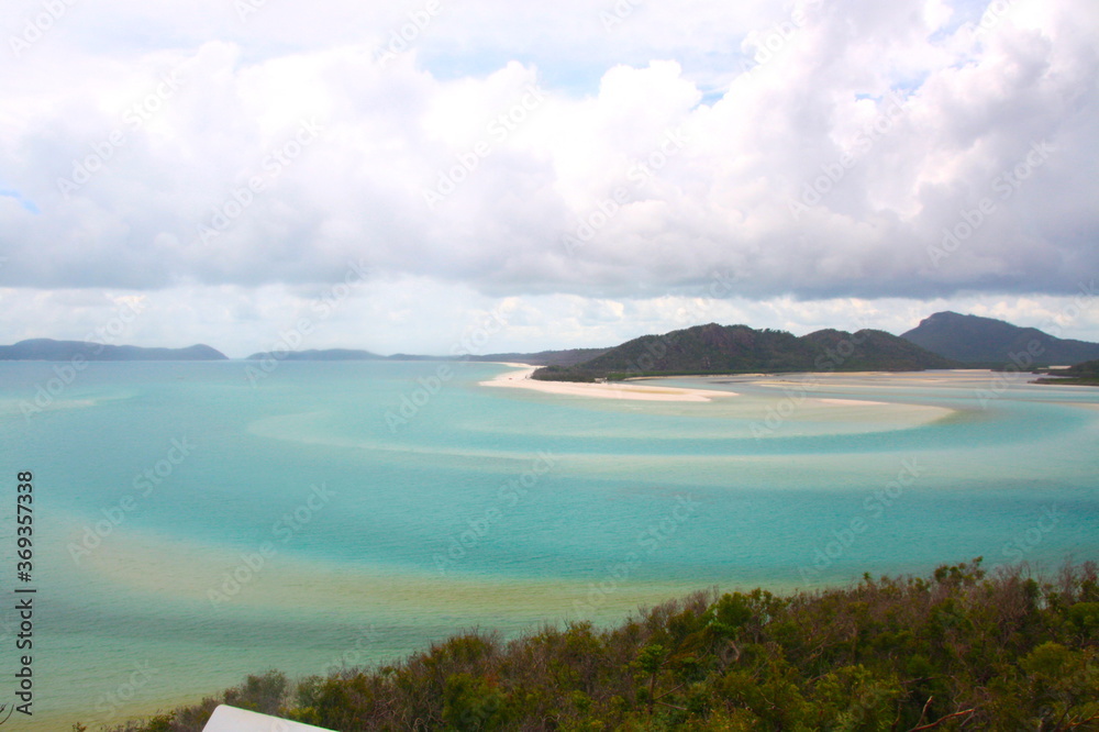 Aerial view of the Hill Inlet at Whitehaven Beach, with turquoise blue sea and the whitest sand of the world, on Whitesunday Island, Queensland, Australia