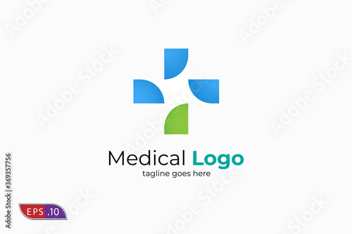 Healthcare Medical Logo, Cross sign and pinwheel combination, Flat Logo Design Template, vector illustration
