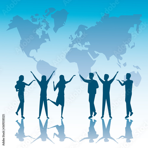 group of business people teamwork silhouettes and earth planet maps
