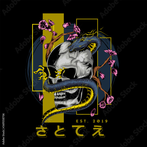 skull head and snake illustration