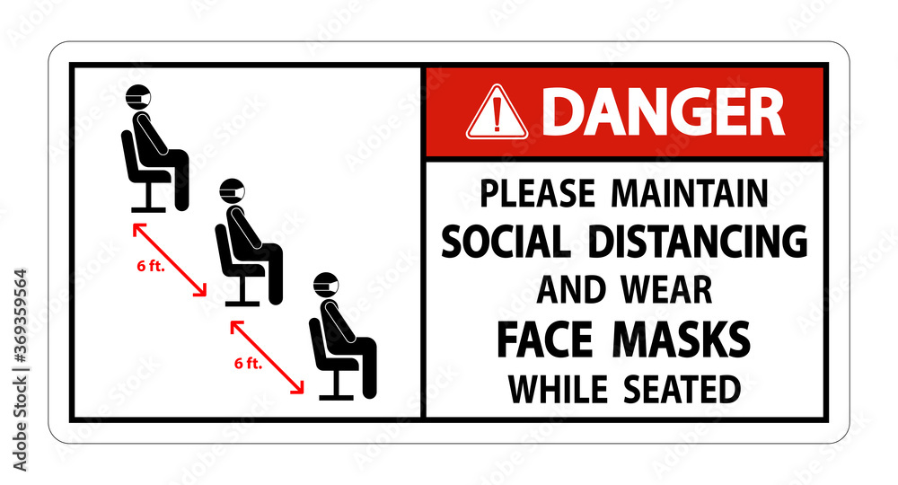 Danger Maintain Social Distancing Wear Face Masks Sign on white background Danger Maintain Social Distancing Wear Face Masks Sign on white background