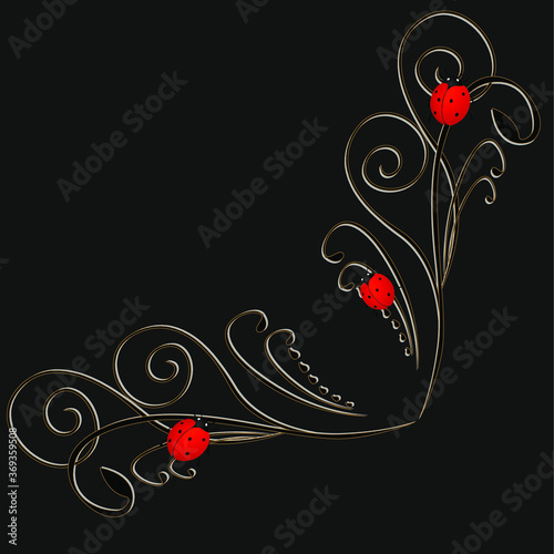 Corner with a red ladybugs on a black background.