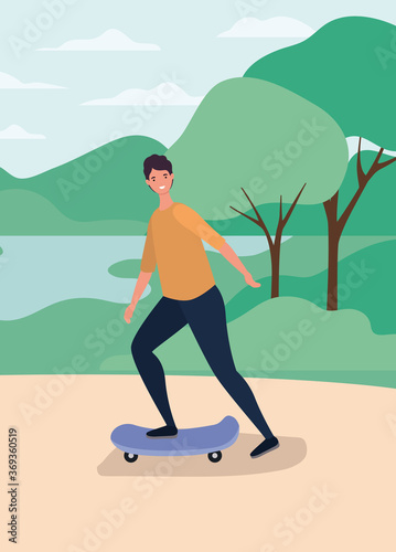 man cartoon on skateboard at park design, Outdoor activity theme Vector illustration