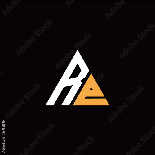 R E initial logo modern triangle with black background